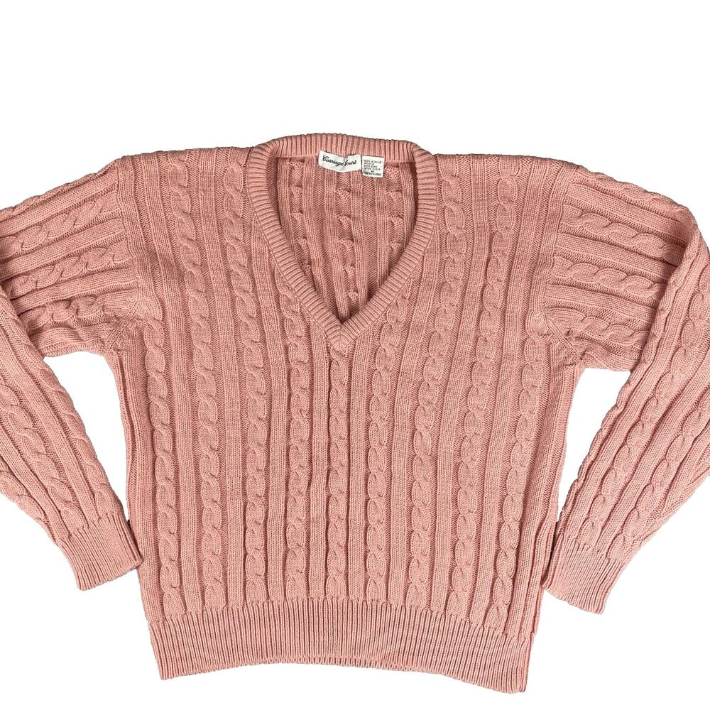 Carriage Court V-Neck Cable Knit Pullover Sweater Women's M Pastel Pink Vintage
